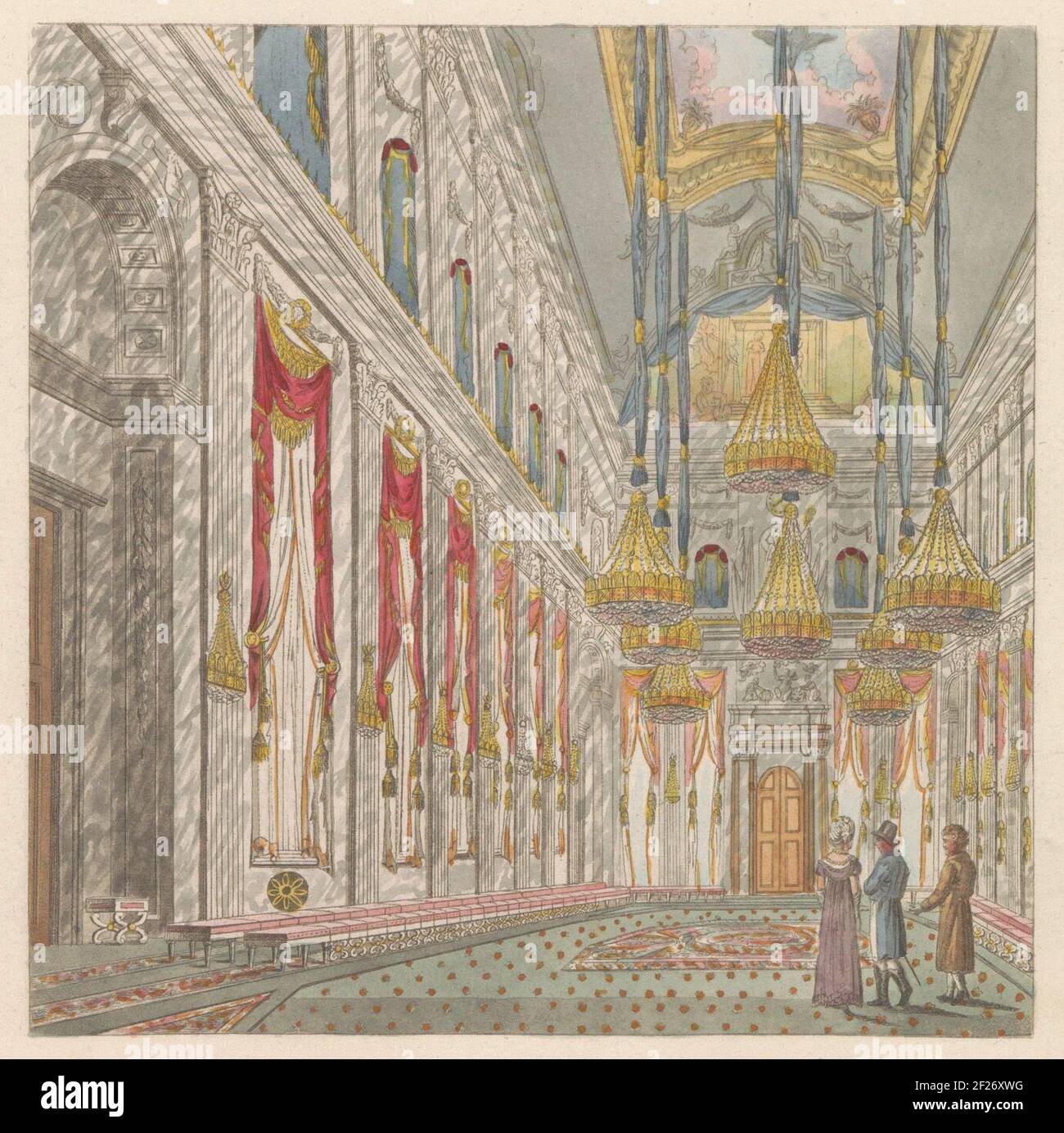 Interieur van het Koninklijk Paleis op de Dam, ca. 1810-1813; Vue de l'intérieur du grand Salon du Palais Roijal.View in the interior of the Royal Palace on Dam Square in Amsterdam, ca. 1810-1813. The civil room, very narrowed. Part of a sheet metal from approx. 1824-1825 with 74 (unnumbered) plates of the most important topographical faces and several morals and habits in the United Kingdom of the Netherlands. Stock Photo