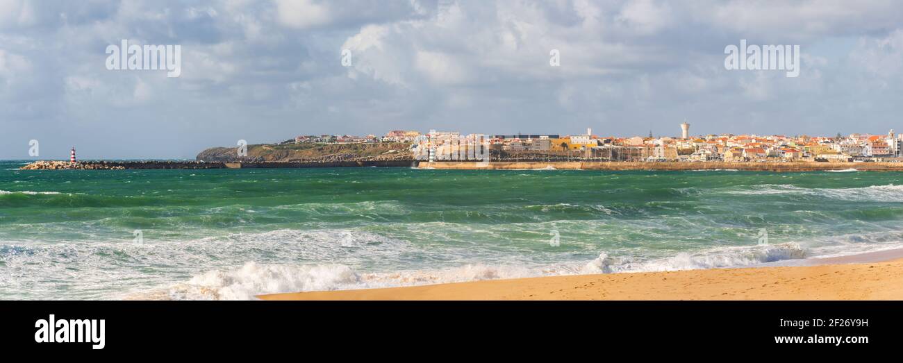Panorama of Supertubos beach in Peniche, Portugal Stock Photo