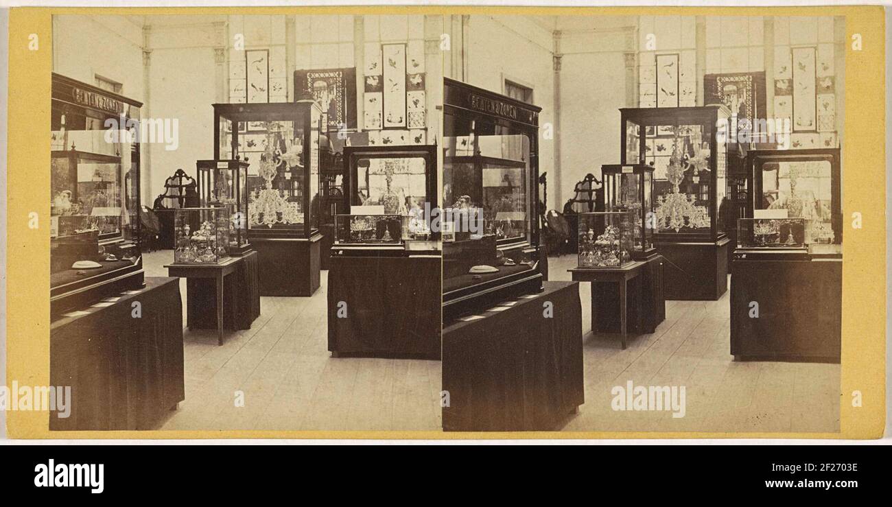 Objects in display cabinets at the exhibition for national industry and ...