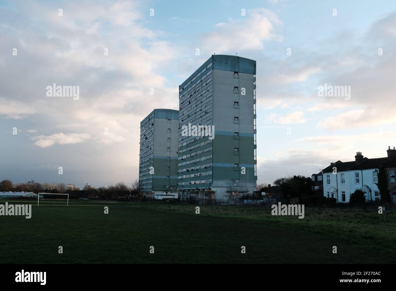 LONDON - 3RD MARCH 2020: The John Walsh and Fred Wigg apartment blocks by Harrow Road Playing Fields, Wanstead Flats in East London Stock Photo