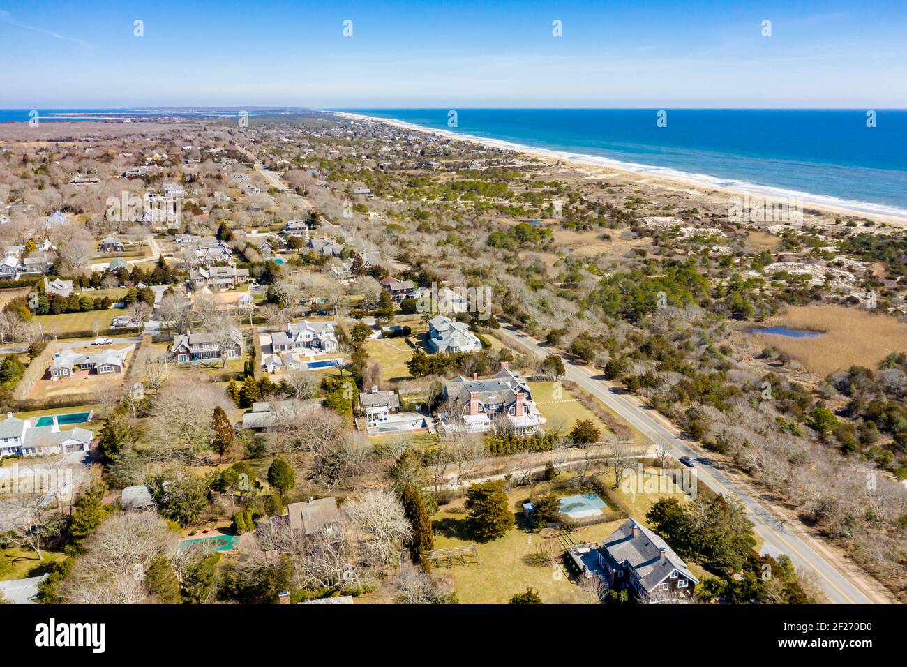 Aerial view of Amagansett looking east to Montauk Stock Photo