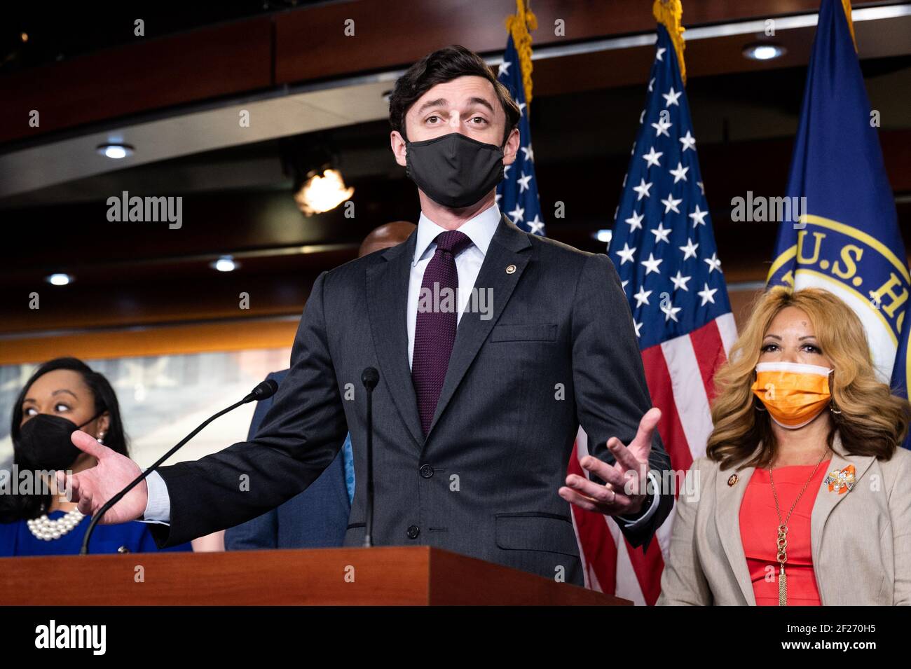 U.S. Senator Jon Ossoff (D-GA) speaks at a press conference about the American Rescue Plan's benefits for Georgia. Stock Photo