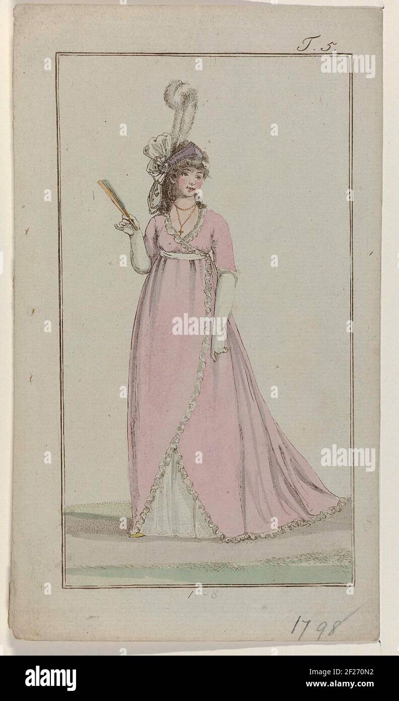 Journal des Luxus und der Moden, 1798, T 5.Standing woman dressed in a wrap with wrap, three-quarter sleeves and drag, trimmed with a wrinkled strip of fabric. In the hair a diadem decorated with an ostrich and cloth. Further accessories: necklace consisting of two cables with cross, belt, long gloves, impeller. Print from the fashion magazine Journal des Luxus und der Moden, published by Friedrich Justin Bertuch and Georg Melchior Kraus, Weimar, 1786-1826. Stock Photo