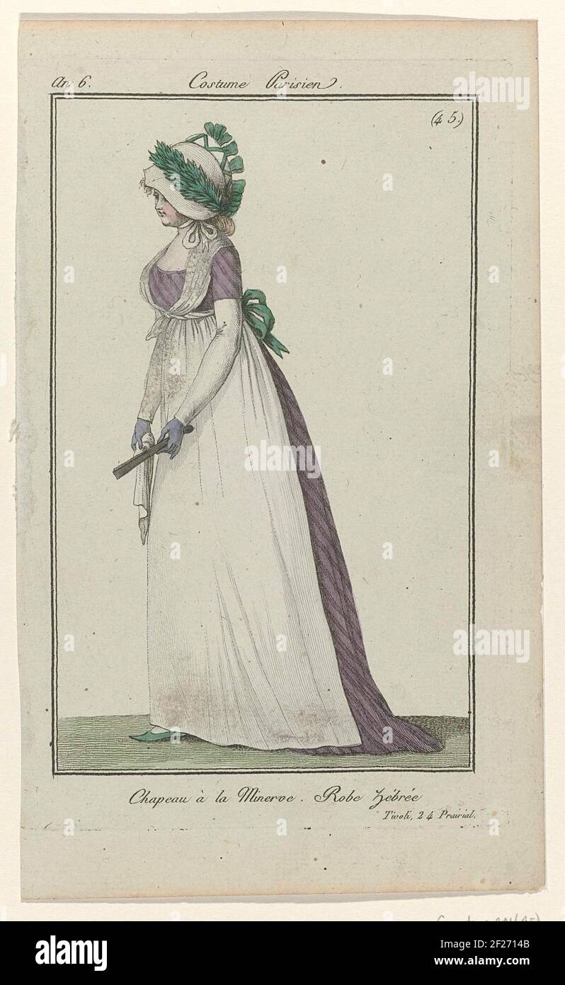 Journal des Dames et des Modes, Costume Parisien, 23 juin 1798, An 6, (45)  : Chapeau à la Minerv (...).'Chapeau à la Minerve'. Striped dress with  trail: 'robe zébrée'. FICHU AND A