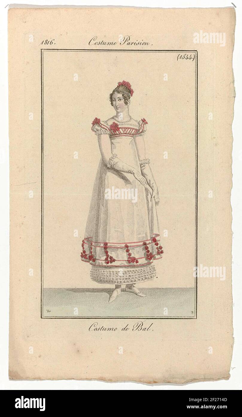 Journal des Dames et des Modes, Costume Parisien, 20 février 1816, (1544): Costume de Bal..Woman dressed in a suit for a ball. The balkjapon has short puff sleeves, square neck and high waist. The bodice and the zoom are decorated with red band and flowers. Under the transparent skirt, a underskirt is visible, with the zoom decorated with ruffles. Hair band and flowers in the hair. Further accessories: earring in the left ear, necklace, long gloves, flat shoes with crossed tires and bows. The print is part of the fashion magazine Journal des Laden et DES Moldes, published by Pierre de la Mésan Stock Photo