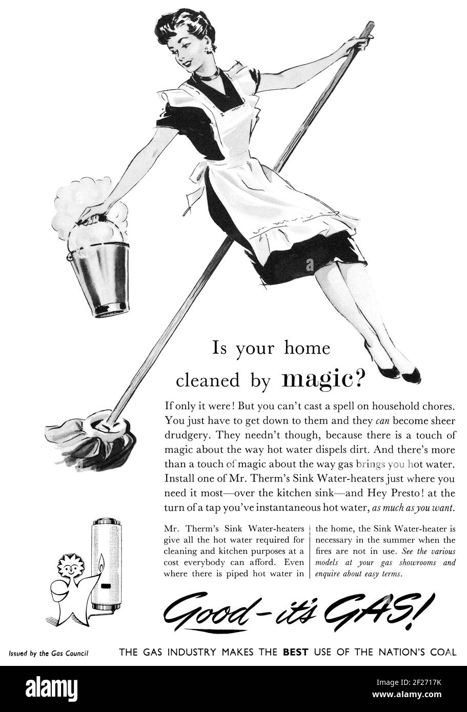 1955 British advertisement for sink water-heaters by the Gas Council. Stock Photo