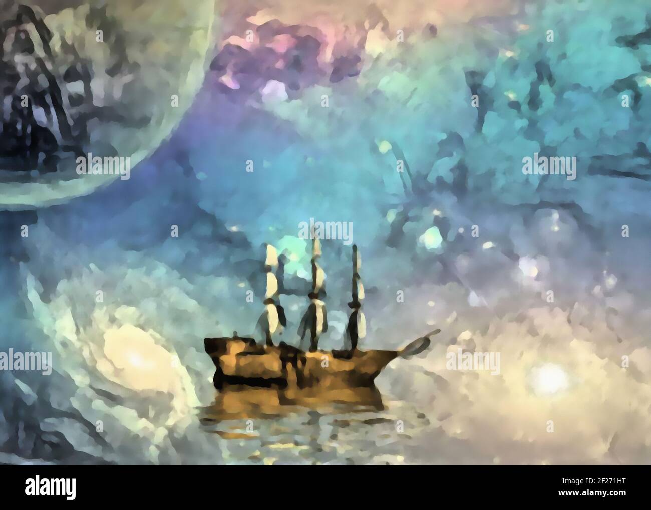 Sailing ship with full sails in fantastic space scene with clouds, moon ...