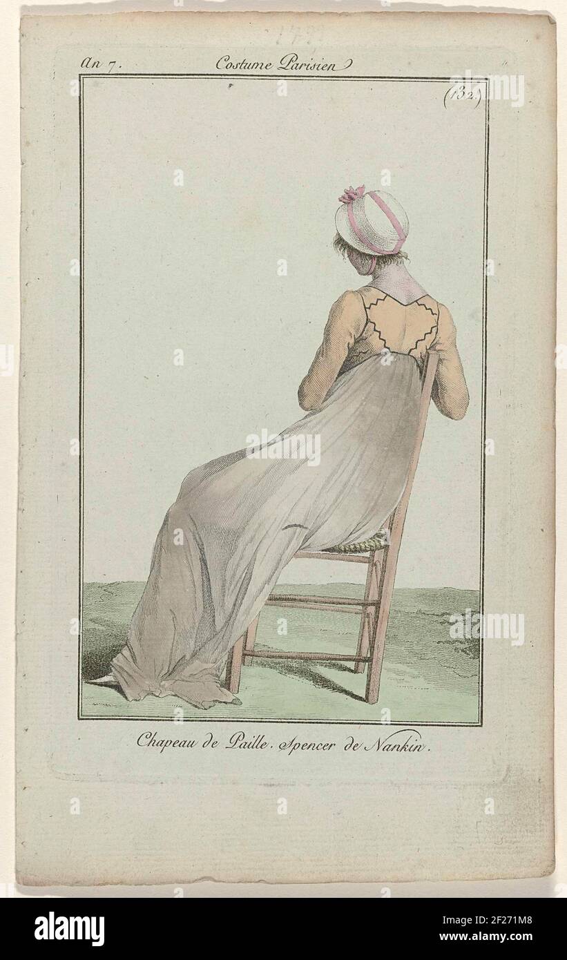 Ladies and modes newspaper, Parisian costume, 1799, year 7 (132): Paill hat  (...).Straw hat. Spencer of 'Nankin' decorated with black zig-saw lines on  a long skirt. Shoe with pointed nose. The print