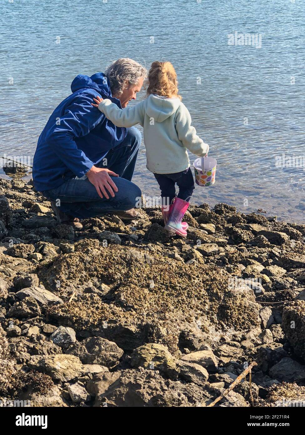 Grandfather and his small granddaughter on a rocky beach next to the water.  Beachcombing. Real people.  Family multi-generation leisure activities. Stock Photo