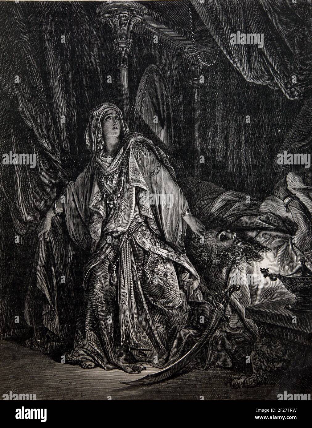 Bible Story Illustration Judith about to Behead General Holofernes in his Tent Tobit 13:8 Stock Photo