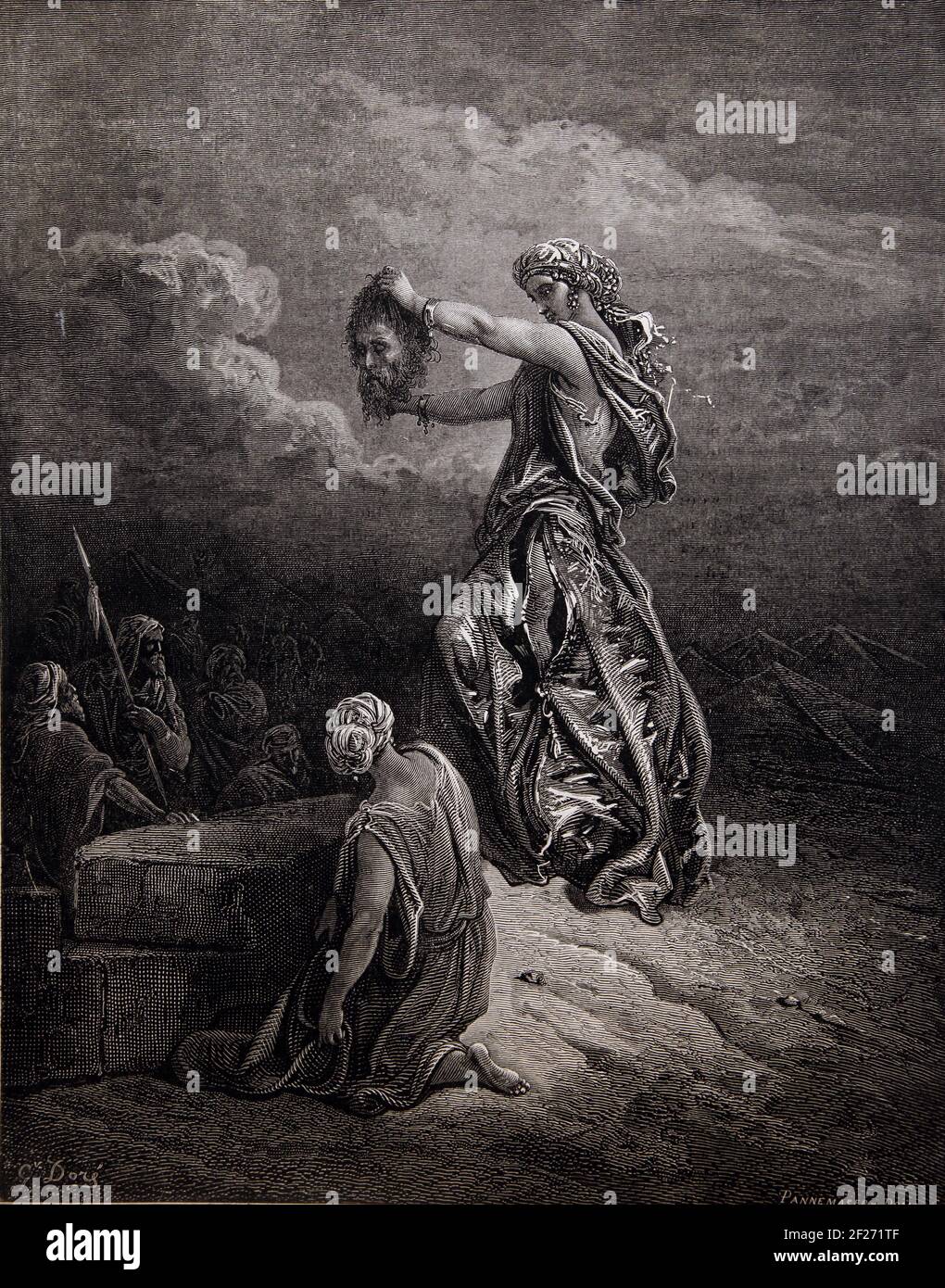 Bible story Illustration of Judith Showing the Head of Holofernes Judith 13:14 Stock Photo