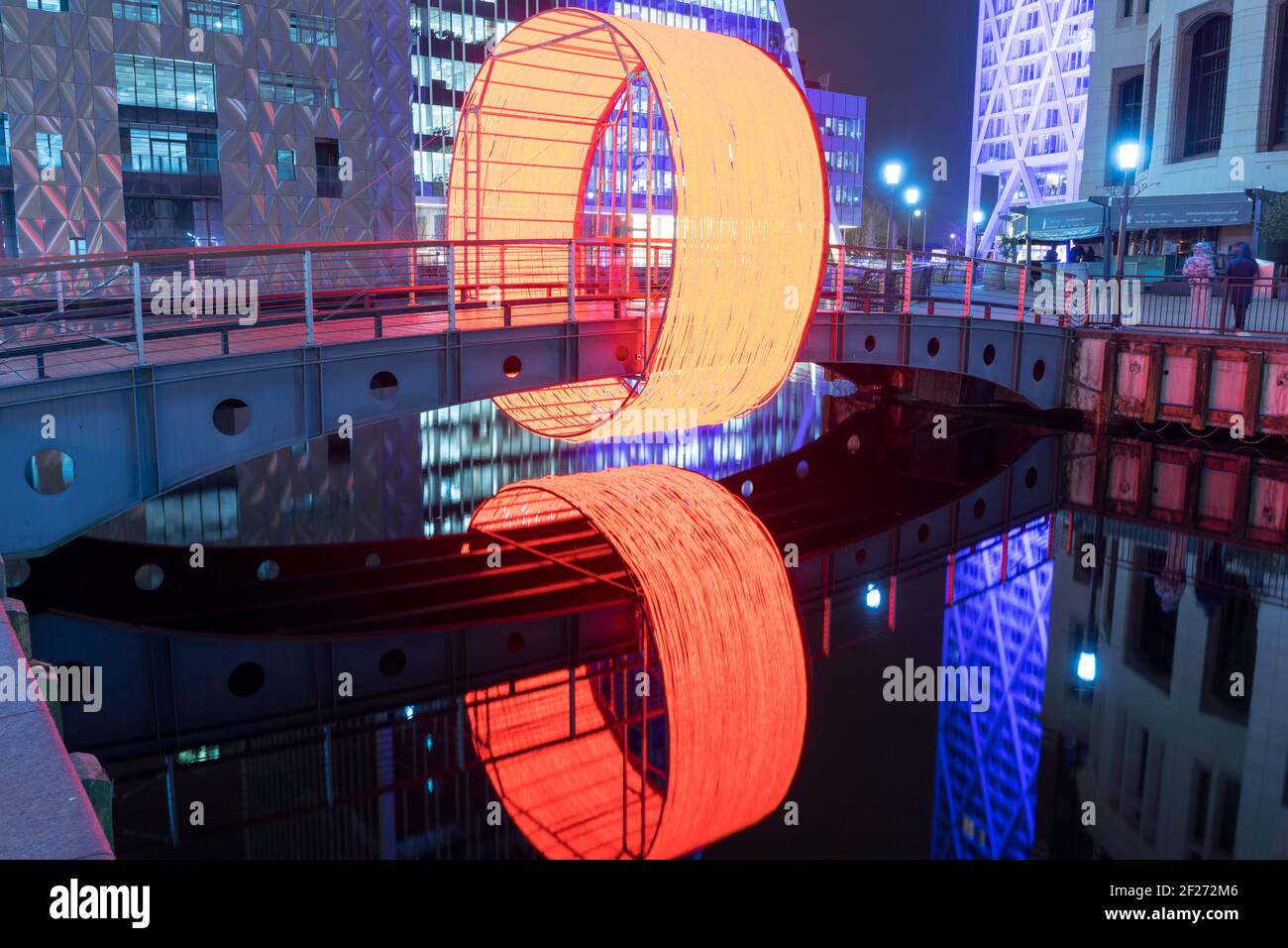 Connected by lights festival at London Canary Wharf, dockland, isle of