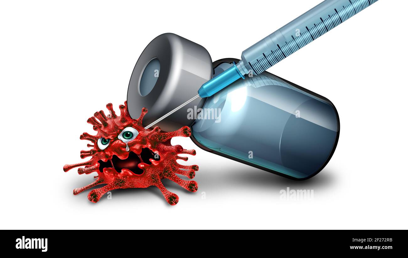 Crushing the virus with vaccine concept and disease control or infection vaccination and flu or coronavirus control as a syringe with medicine. Stock Photo