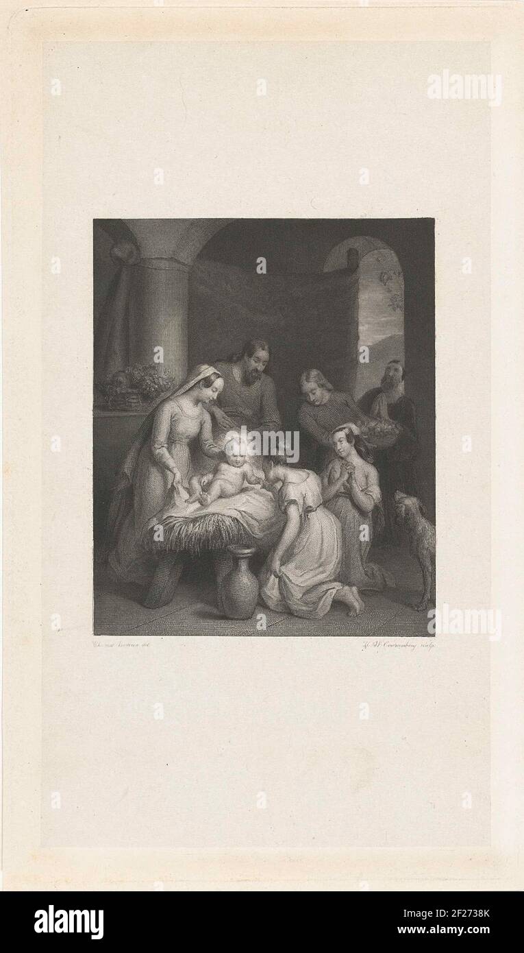 Adoration of the child by two shepherd girls Stock Photo - Alamy