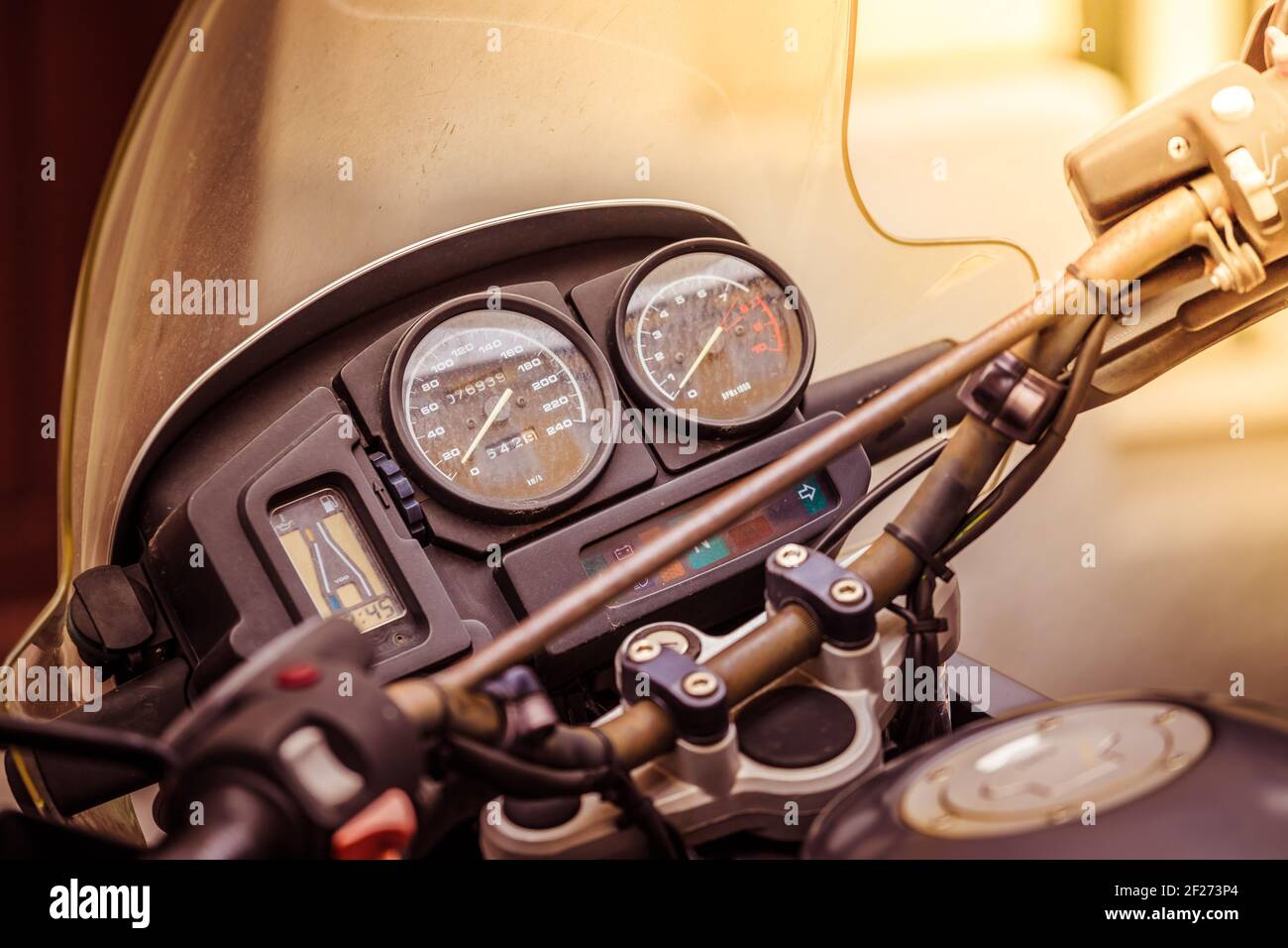 Classic motorbike control panel, close up picture, road trip concept