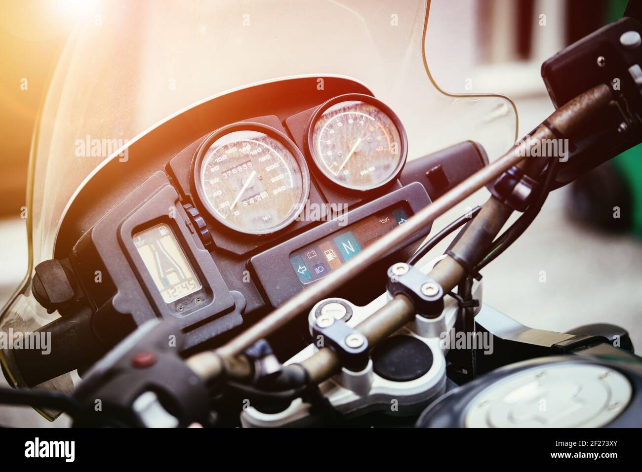 Classic motorbike control panel, close up picture, road trip concept