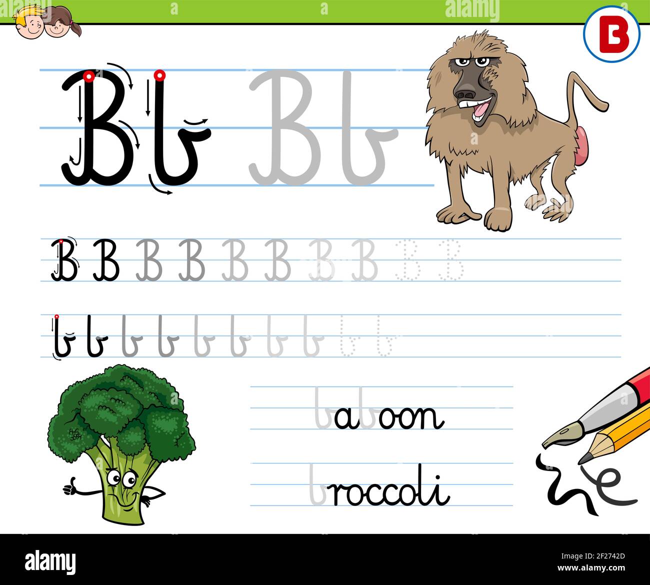 Cartoon illustration of writing skills practice worksheet with letter B ...