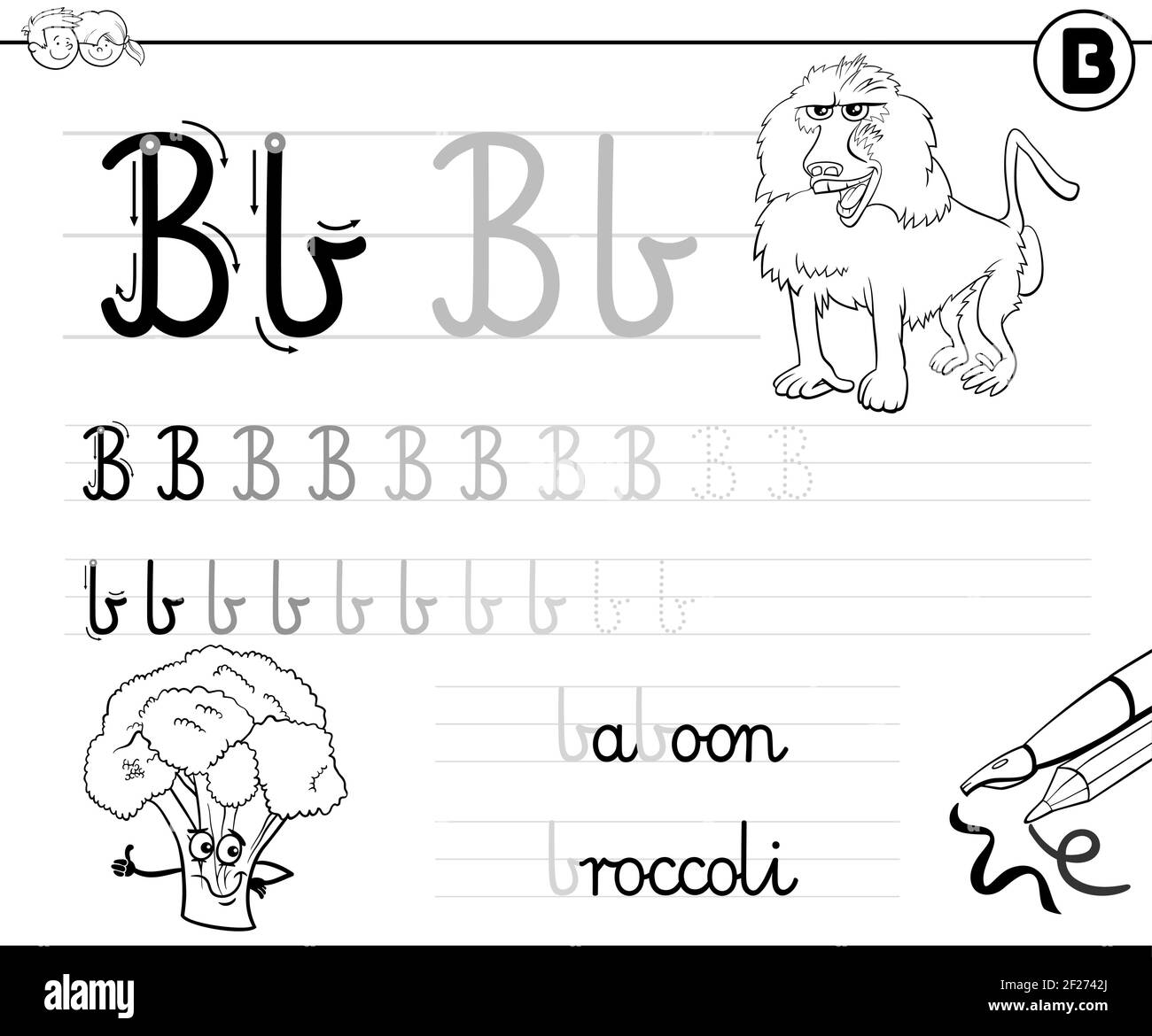 Black and white cartoon illustration of writing skills practice worksheet with letter B for preschool and elementary age children coloring book page Stock Vector