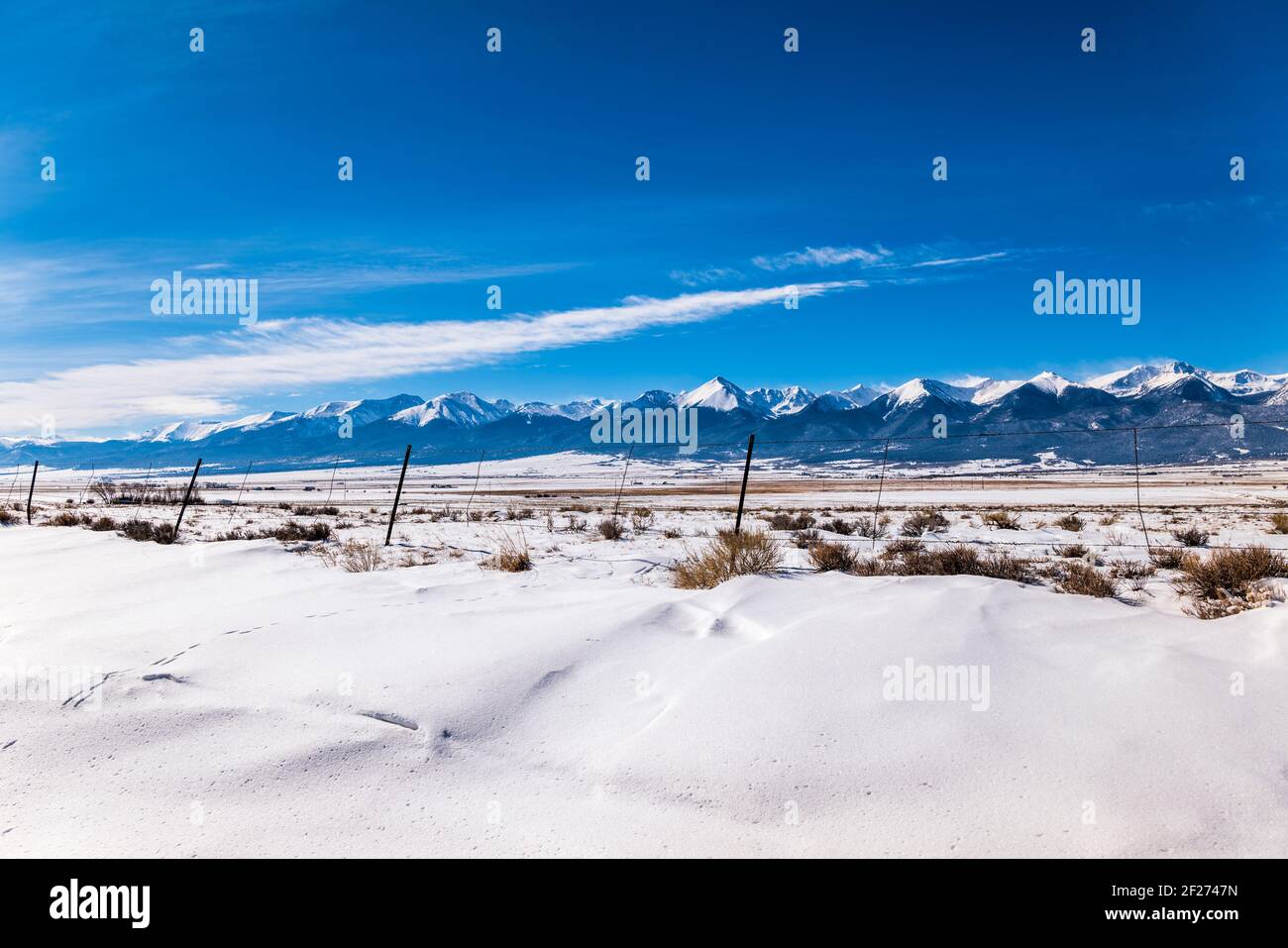 Snowy winter view of the Sangre de Cristo mountain range from near Westcliffe; Colorado; USA Stock Photo