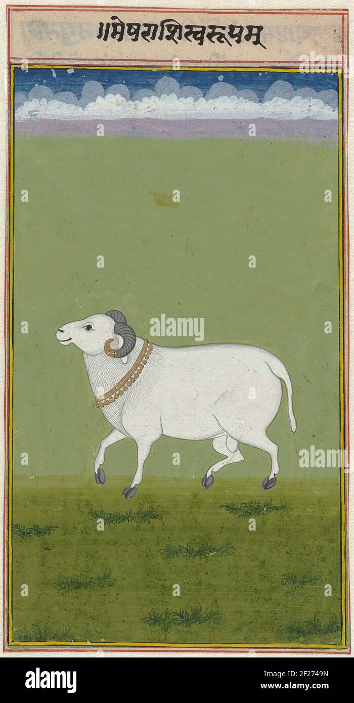 Ram met gouden halsband en versierde uiteinden van zijn horens; Sterrenbeeld Aries.In a green pasture with a high horizon there is a ram and profile to the left, around his neck a golden band with bubbles and the tip of his hearing is also decorated with gold; At the top of the white frame a text in Indian scripture. Narrow frame lines in yellow, green, white and red frame the show, at the top is a white strip with Sanskrit text in red frame lines. The text is: Mesh harshsvarupam. Stock Photo