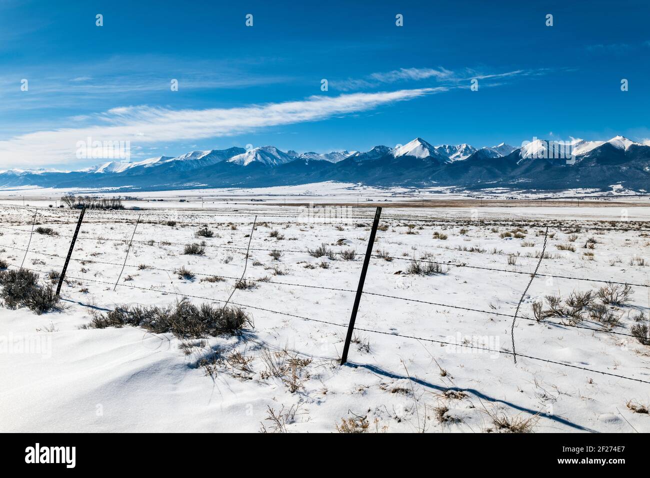 Snowy winter view of the Sangre de Cristo mountain range from near Westcliffe; Colorado; USA Stock Photo