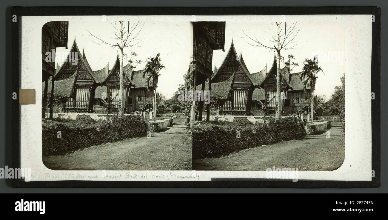 Rice Stocks and House Fort de Kock (Sumatra).. Stock Photo