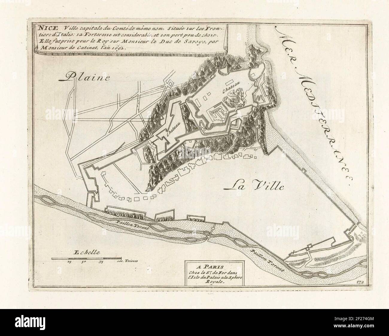 Plattegrond van Nice, ca. 1702; Nice Capital city of the county of the same name (...); The forces of Europe, Asia, Africa and America, or description of the main cities with their fortifications. DESIGNED BY THE BEST INGENIERS, particularly those under the domination of France (...) and adorned with several superb buildings.Map of the reinforcing to the French City of Nice. Flat No. 172 in the picture in the context of a total of 276 Numbered Fortresses in the Context of the Spanish Succession War. For Most Part, These Plates Have Been Cophed to the Anonymous French Flat: In The Forces of Eur Stock Photo