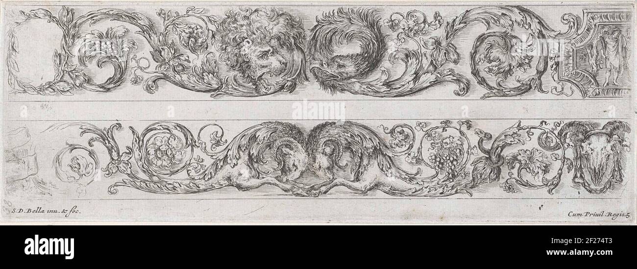 Twee friezen met een leeuw, een adelaar en rammen; Ornamentele friezen; Ornamenti di fregi et fogliani.Two Frisians. Upstairs: a fries with the left a lion head ending in leaf ornament and a head of an eagle turn right into leaf ornament. Below: two bouncing rams that run out in leaf ornament. Stock Photo