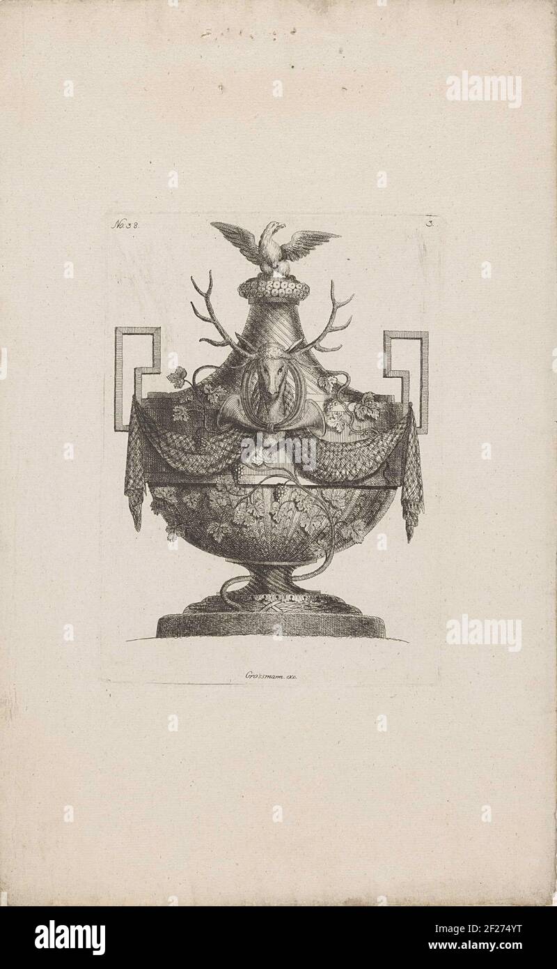 Siervaas met hertenkop; Siervazen.Vase with deer head, bird and grape  vines. Publisher number 38 Stock Photo - Alamy