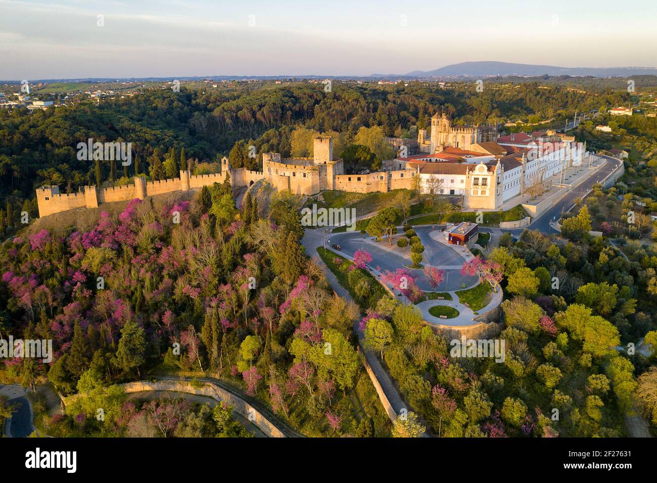 Aerial drone view of Convento de cristo christ convent in Tomar at sunrise, Portugal Stock Photo