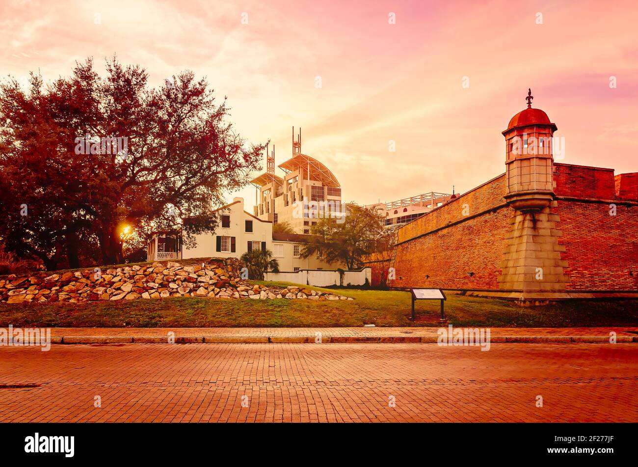 Government Plaza is seen behind the Fort of Colonial Mobile, also known
