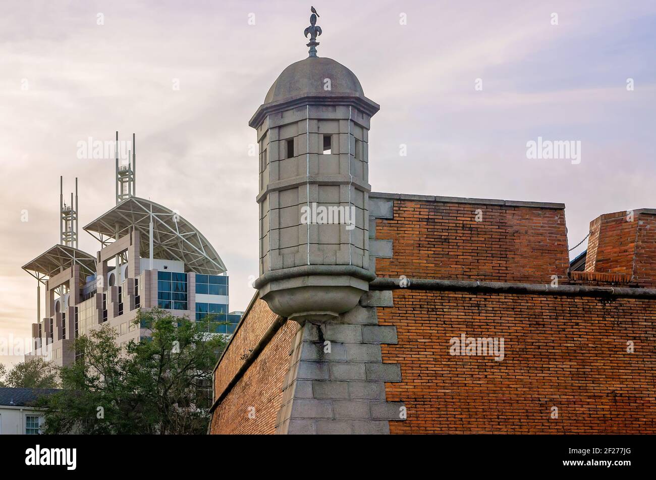 Government Plaza is seen behind the Fort of Colonial Mobile, also known