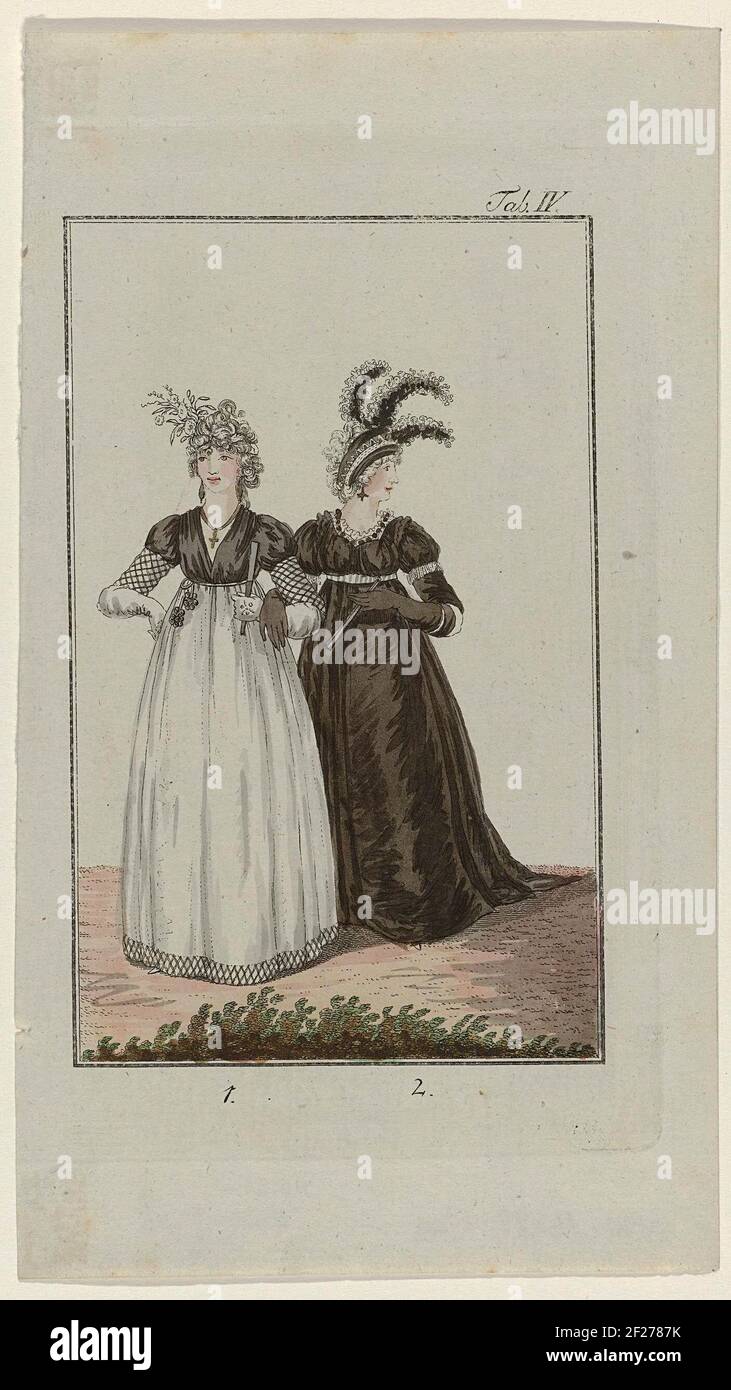 Journal für Fabrik, Manufaktur, Handlung, Kunst und Mode, 1798, Tab IV.Two  standing women, armed, dressed in dresses with high waist and half long  sleeves. Left (no. 1): The hairstyle decorated with flowers.