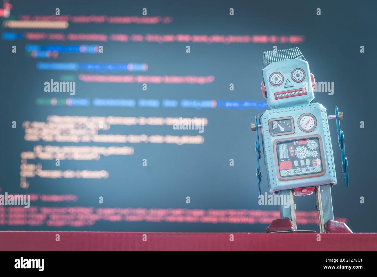 Symbol for a chatbot or social bot and algorithms, program code in the ...