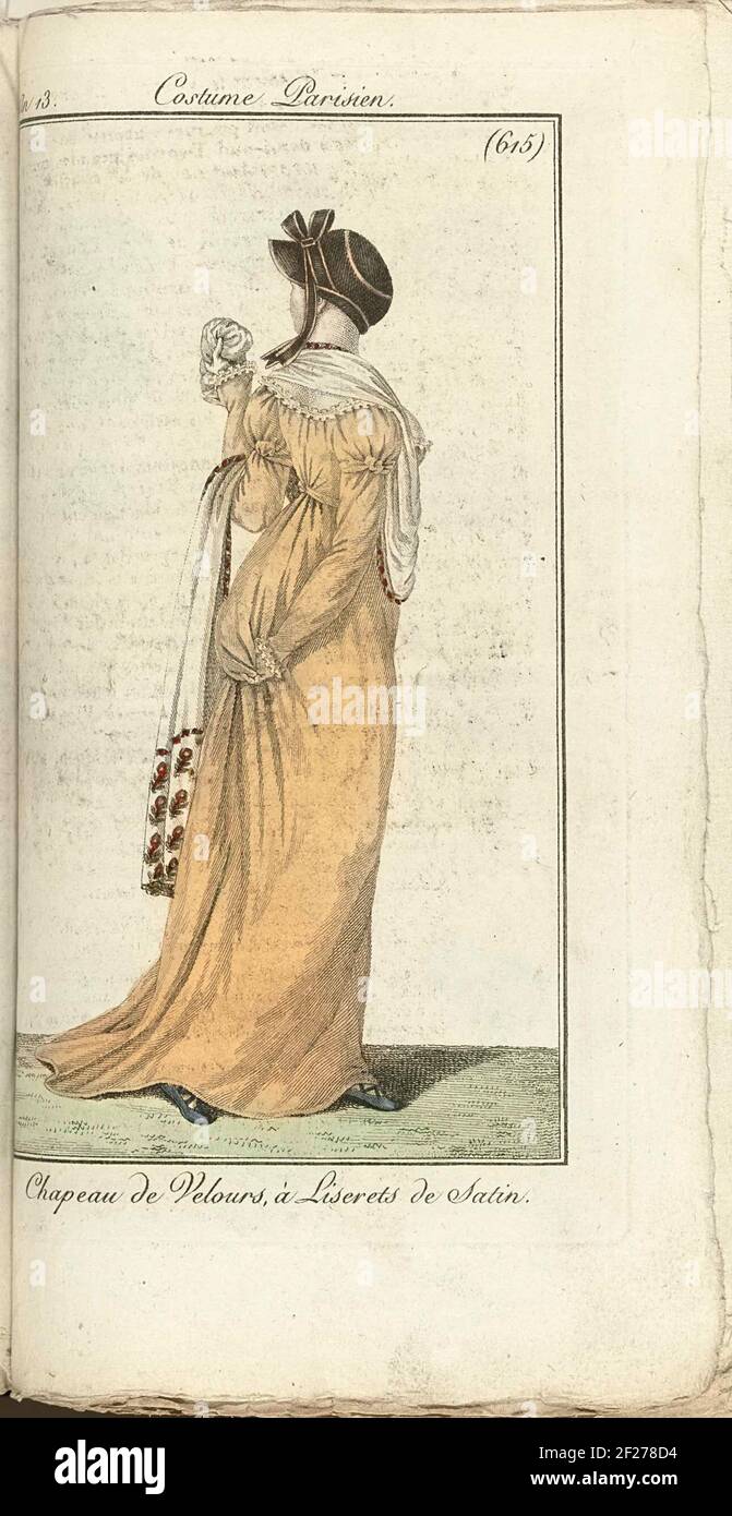 Journal des Dames et des Modes, Costume Parisien, 1805, An 13 (615) Chapeau  de Velours, à Liserets de Satin.Woman seen on the back, walking to the  right, on the head a hat