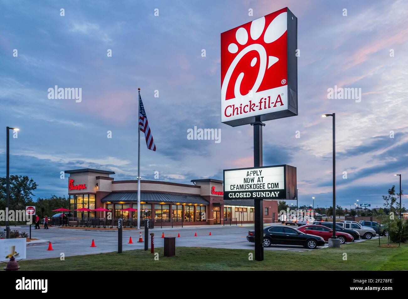 New Chick-fil-A restaurant in Muskogee, Oklahoma at sunrise. (USA) Stock Photo