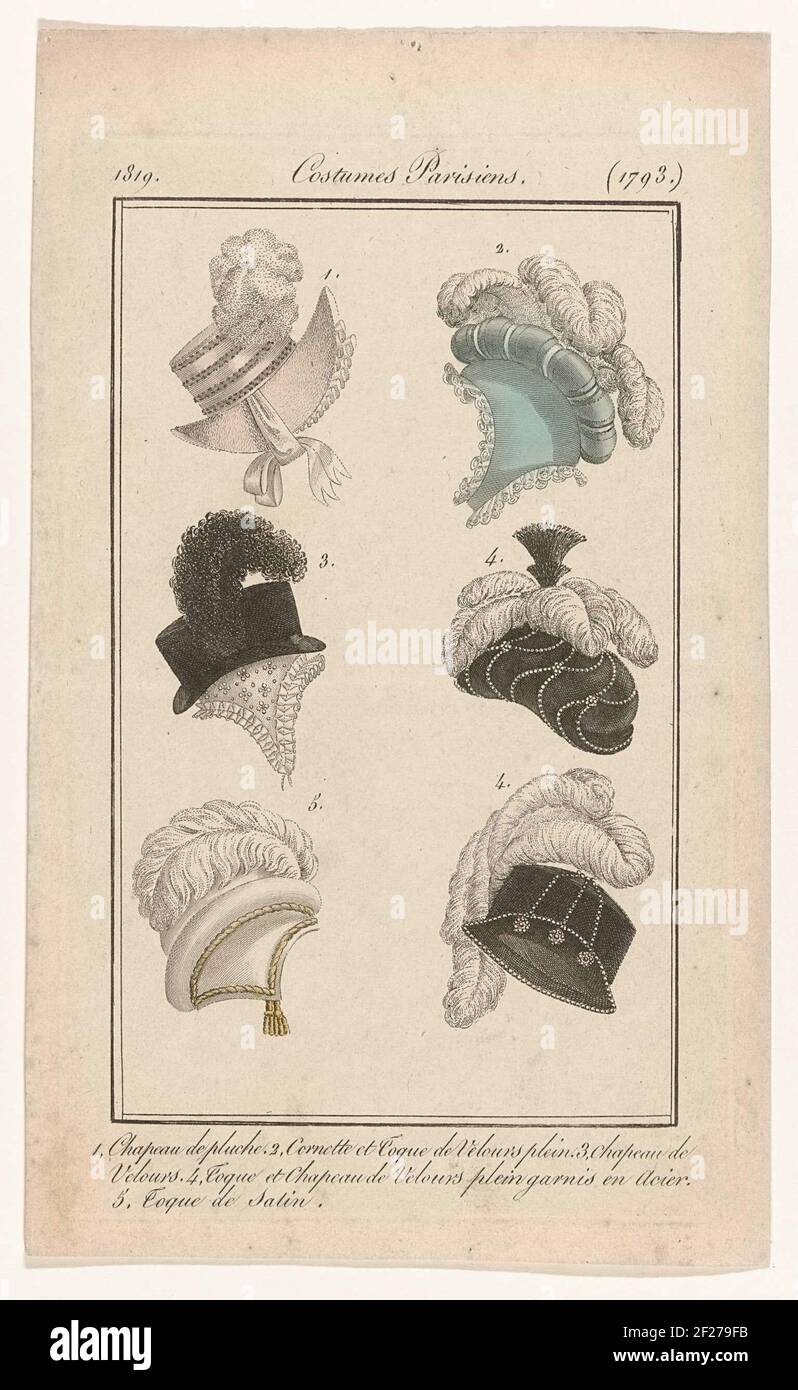 Journal des Dames et des Modes, Costumes Parisiens, 10 février 1819,  (1793): 1. Chapeau de pluch (...).Six different hats in a framework,  numbered one to five. 1. Plush hat. 2. 'Cornette' and