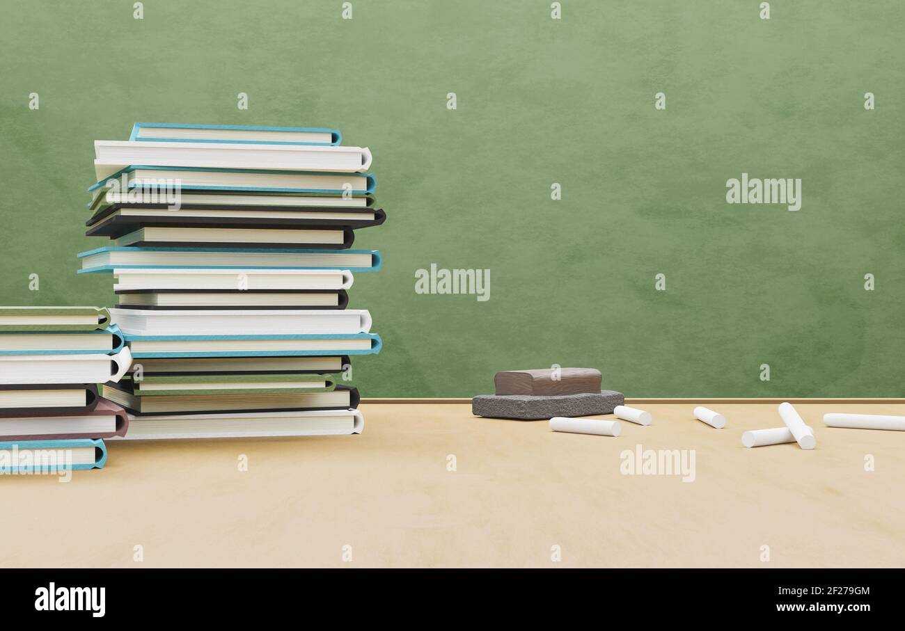 school table full of books with eraser and chalk and a blackboard in the background. education concept. 3d rendering Stock Photo