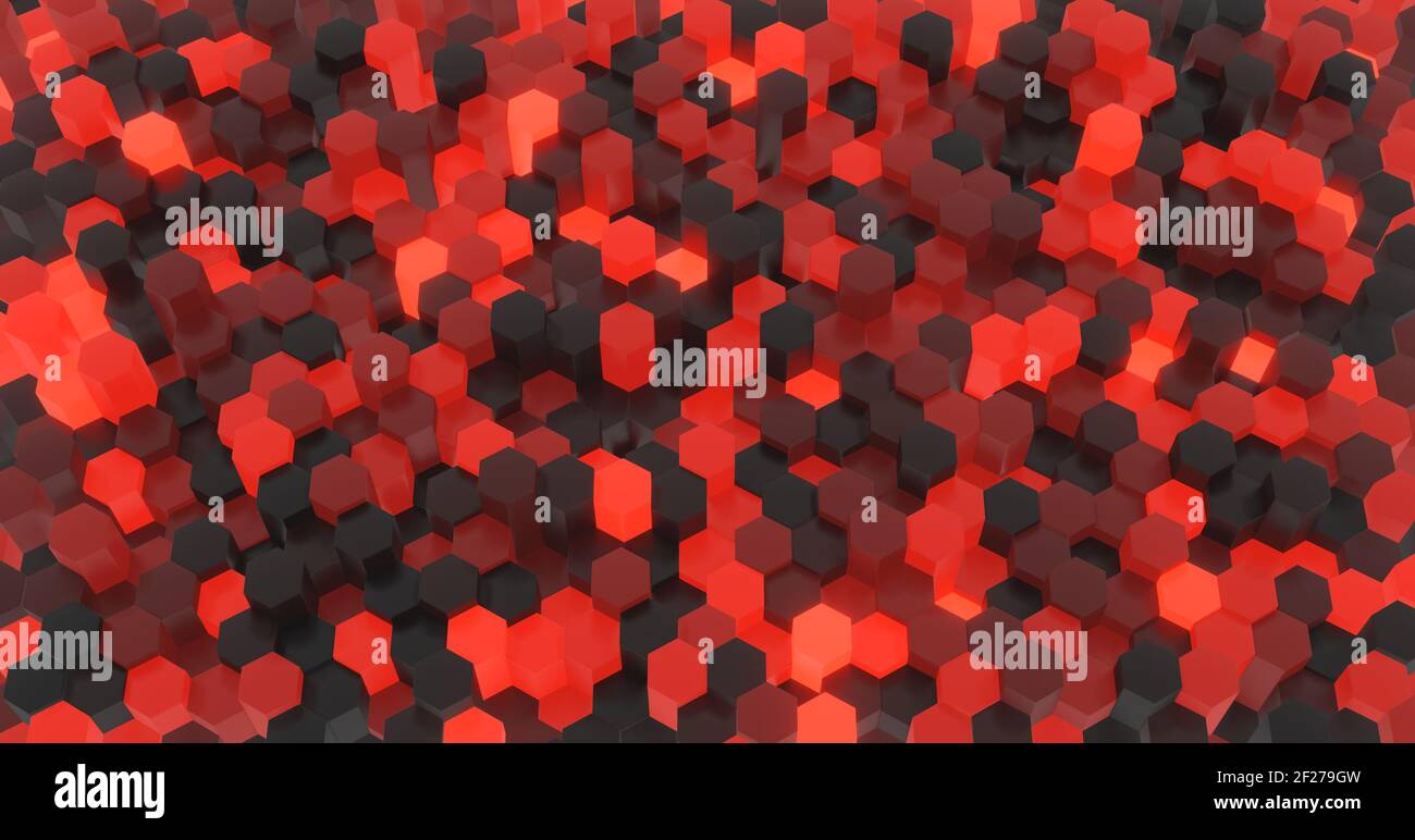 abstract background of black and red hexagons randomly illuminated with ...