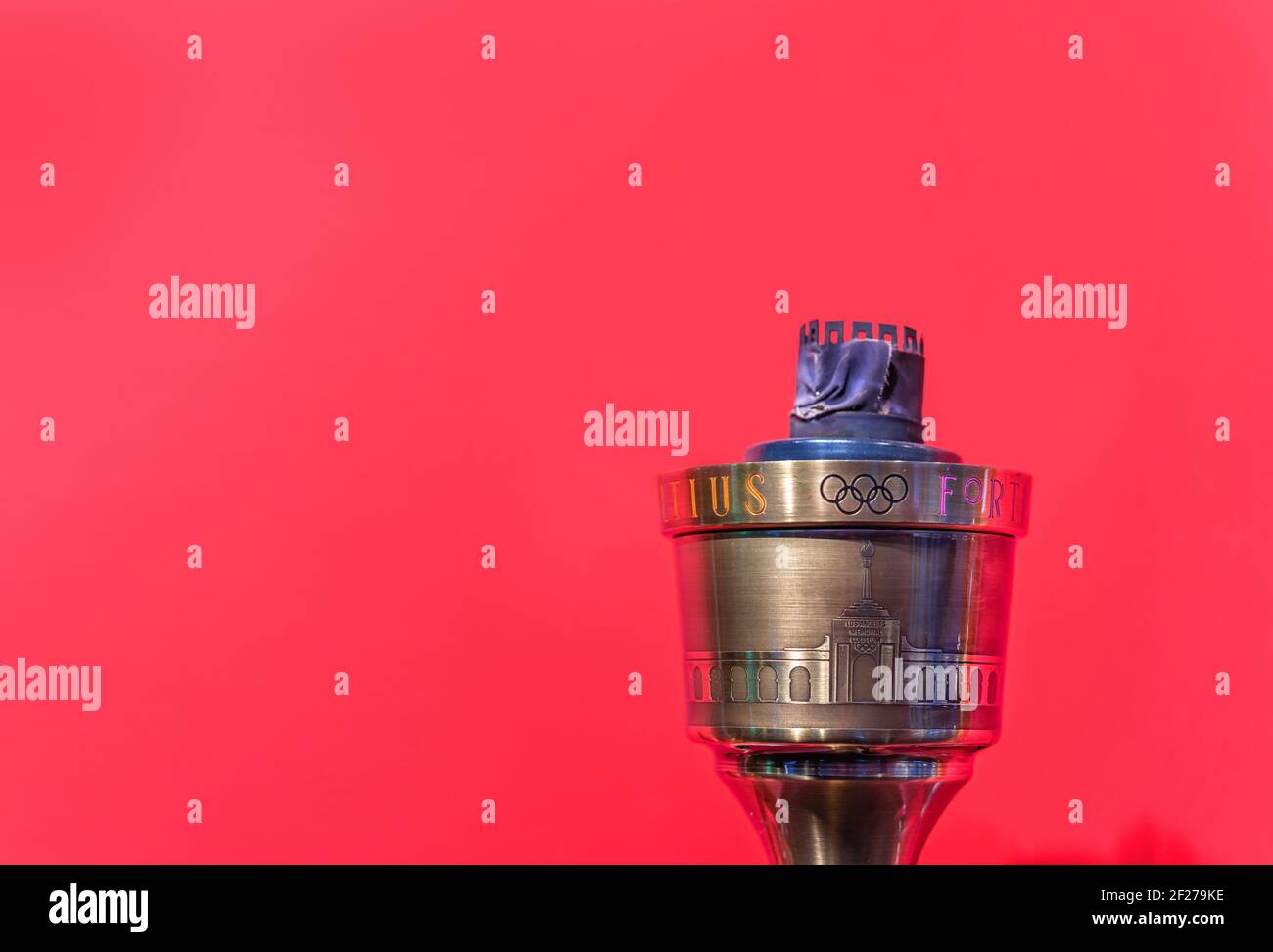 tokyo, japan - march 2 2021: Close up on the official torche used during the torch relay of the 1984 Summer Olympics of Los Angeles exhibited in the J Stock Photo