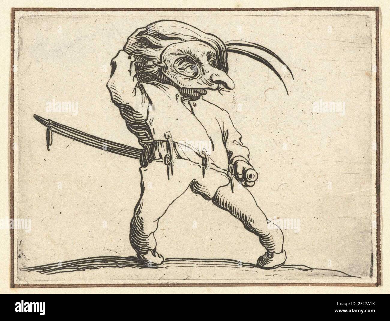 dwarf with sword and mask varie figure gobbi di jacopo callot various grotesque figures dwarves and iced dwarf seen from the front a hat with two springs on the head a mask for the face the left hand on the hilt of his sword this print is part of a series of 21 prints with grotesque figures virtually all those figures are dwarfs many have been hatched 2F27A1K