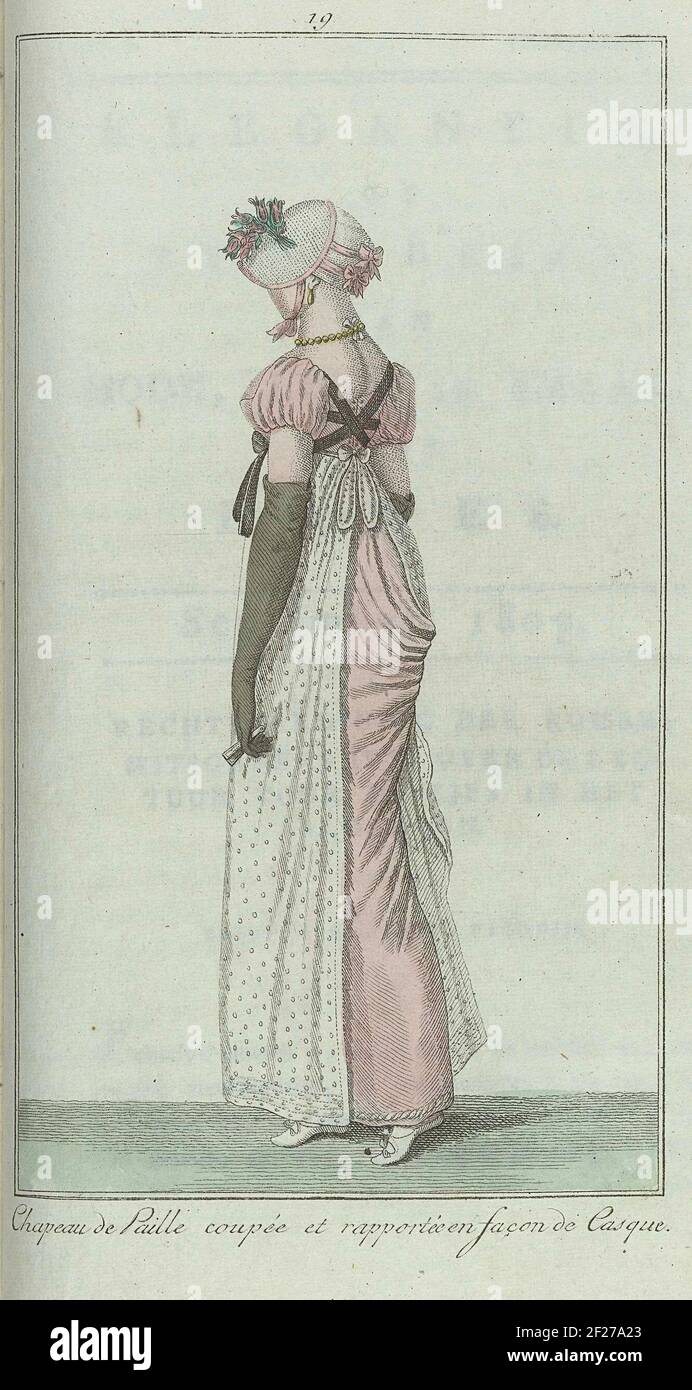 Elegantia, of tijdschrift van mode, luxe en smaak voor dames, Augustus  1807, No. 19: Chapeau de Paille coupée....According to the accompanying  text (p. 264): Jap of colored mouseline. 'Ceinure-Corset' and gloves  'Amaranthe'.