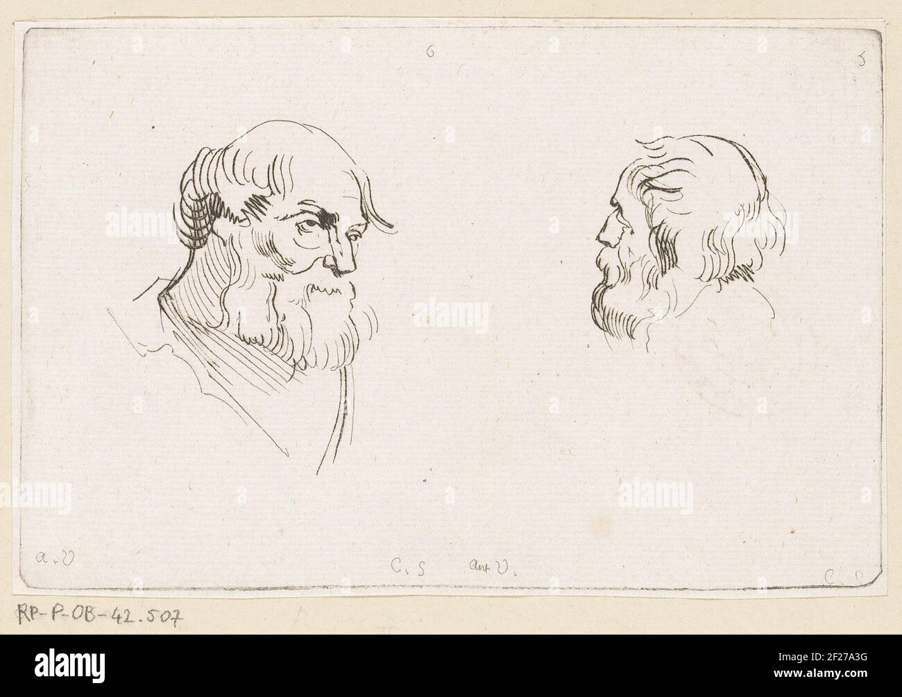 Twee hoofden van mannen met baard; Recueil de Testes d'Antoine Van Dyck (...).The head of the man left a quarter to right turned and the right head on the back of the head facing left. Numbered from left to right: 6; 5. Stock Photo