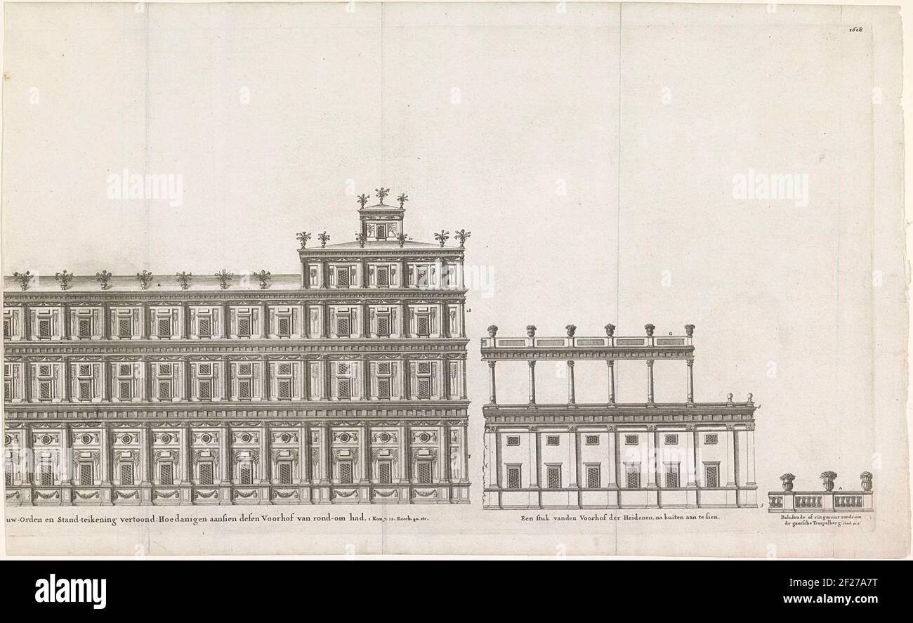 Facade of the new temple (right); The Facade-Bow Vanden Voorhof Israel's, Nade External Silk Tegent East, (...) .. The Right Part of the facade or the New Temple in Jerusalem, As It Would look Like Juan Bautista Villalpando in His Book Ezekielem Explanations, 1596 . Villalpando relied on the visions of Ezekiel About the New Temple in the Bible Book Ezekiel. On the right the facade of the court of the gentiles and a balustrade. Stock Photo