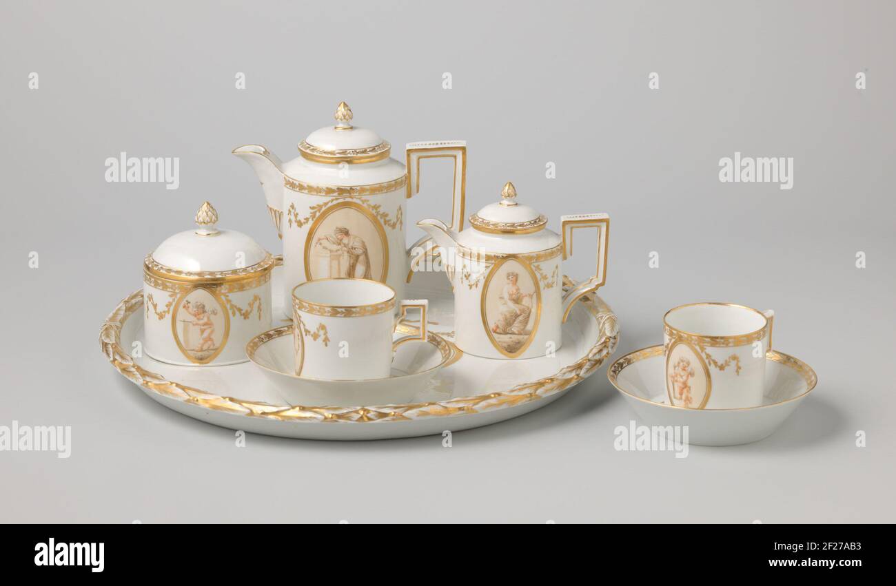 Negendelig koffie- en theeservies, beschilderd met vrouwen of putti in ovalen tegen rood fond.Coffee and tea set consisting of a round blade (A), a coffee pot (B), a teapot (C), a milk jug (D), a sugar bowl (E) and two heads (F-1 and F-2) and two Dishes (G-1 and G-2), painted multi-colored with ovals in which women's figures or putti in brown on a soil against a red fond. Along the edges a golden flower and leaf drink. Flammed f of 1, 2, 3 and 10 separated by a lying indent in underglazing blue. Stock Photo