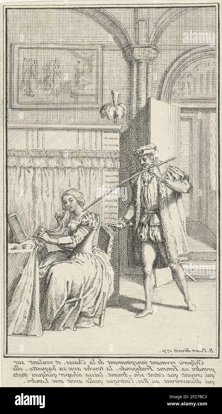 The Frankish King Chilperik I visits his mistress Fredegonde. She is sitting at a table and combs her hair. In the margin a four-line caption in French in mirror image. Stock Photo