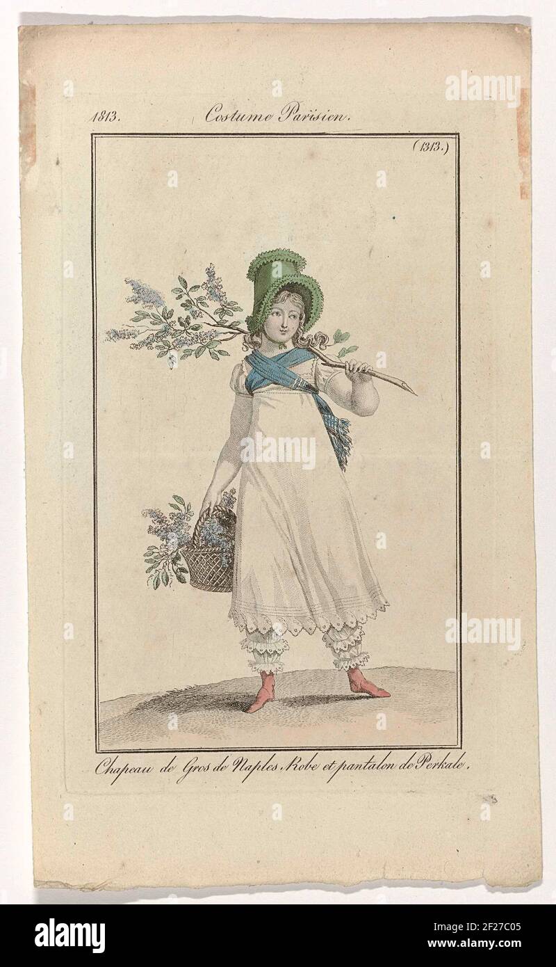 Journal des Dames et des Modes, Costume Parisien, 20 mai 1813, (1313): Chapeau de Gros de Naples (...).Girl with a hat from 'Gros de Naples'. She is wearing a dress with short puff sleeves and long pants (bloomers) of cotton breathing (percale). Scarf with fringes, mid in front of the bodice bound to the ends. Boots at the feet. A flower branch and a basket filled in the hands with the same flowers. The print is part of the fashion magazine Journal des Laden et DES Moldes, published by Pierre de la Mésangère, Paris, 1797-1839. Stock Photo