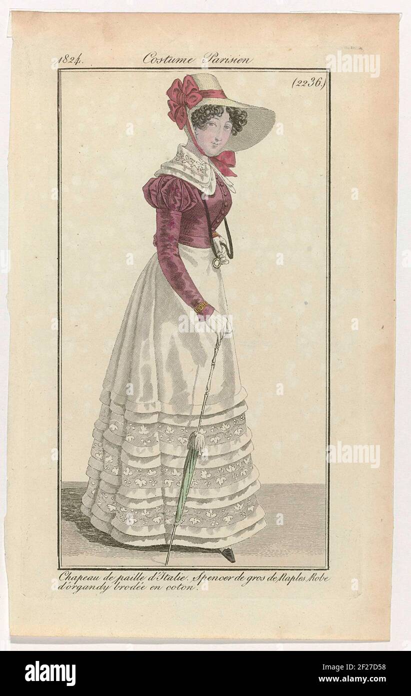 Journal des Dames et des Modes, Costume Parisien, 15 mai 1824, (2236): Chapeau  de paille d'Itali (...).Standing woman in a spencer of "Gros de Naples" on  a dress of Organized embroidered with