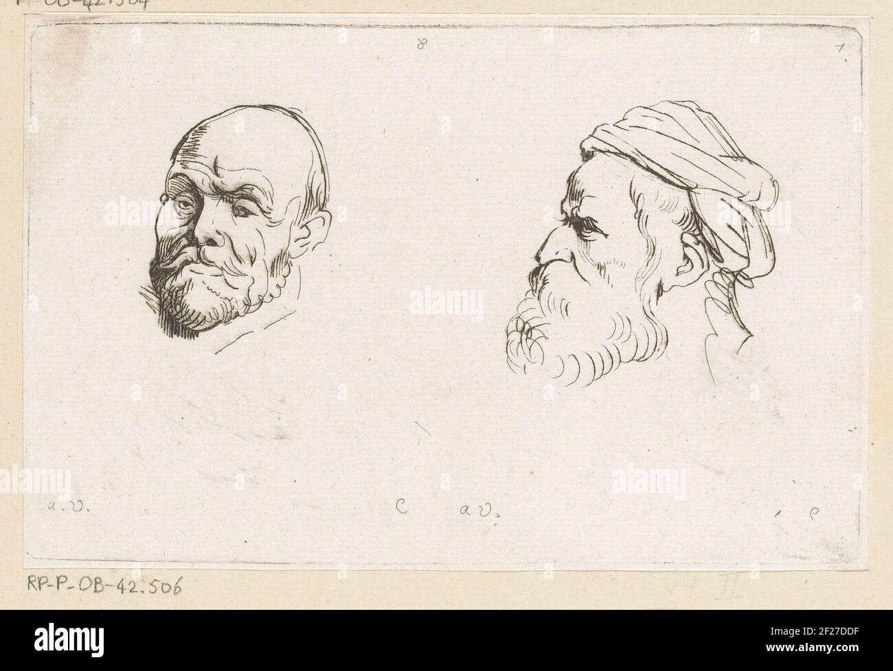 Twee hoofden van mannen met baard; Recueil de Testes d'Antoine Van Dyck (...).The man left has been turned a quarter to the left, the right man, and profil with a cloth around his head bound, has turned left. Numbered from left to right: 8; 7. Stock Photo