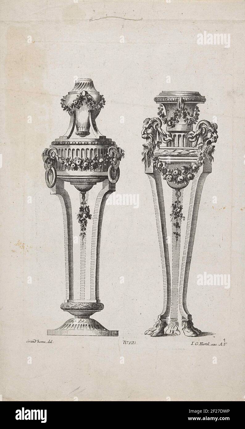 Two pedestals with vases; Designs for pedestals; Folge von Hermenfüβen
